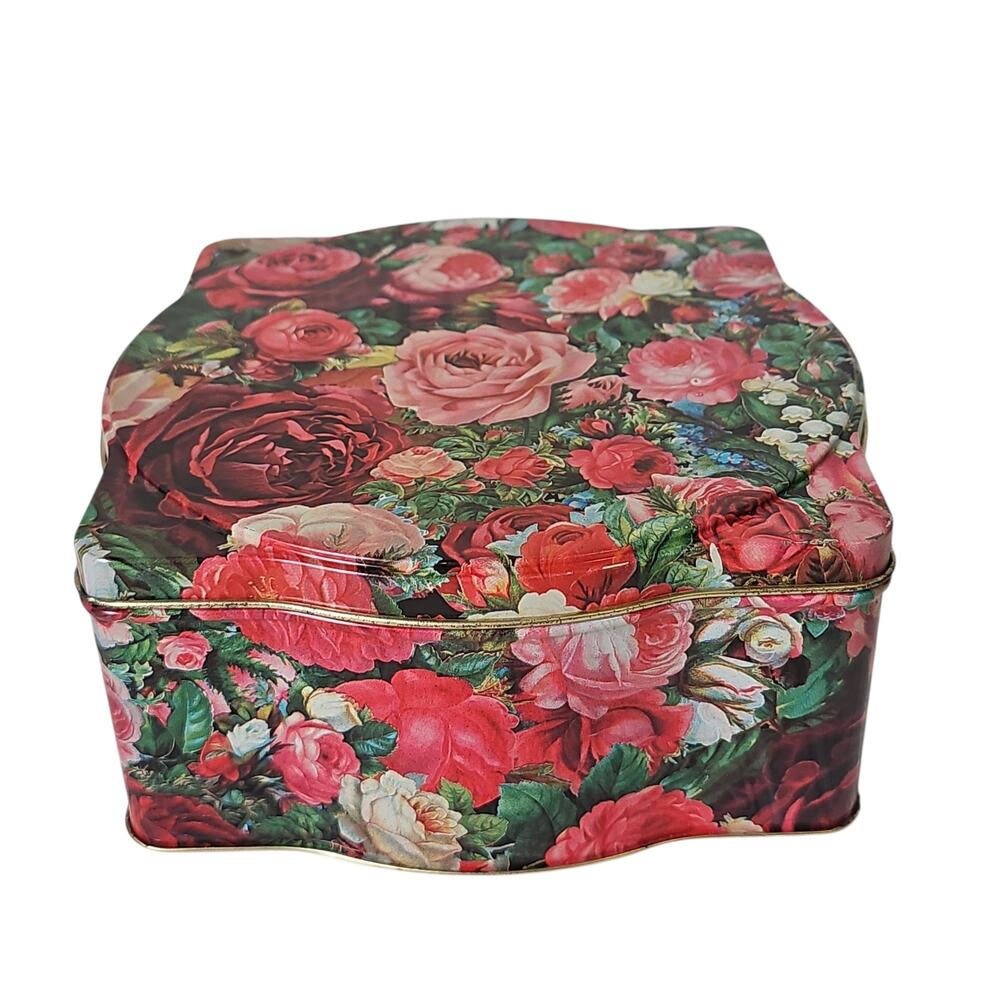 Vintage Floral Rose Tin Box Coquette Cottage Keepsake Pink Red England Romantic